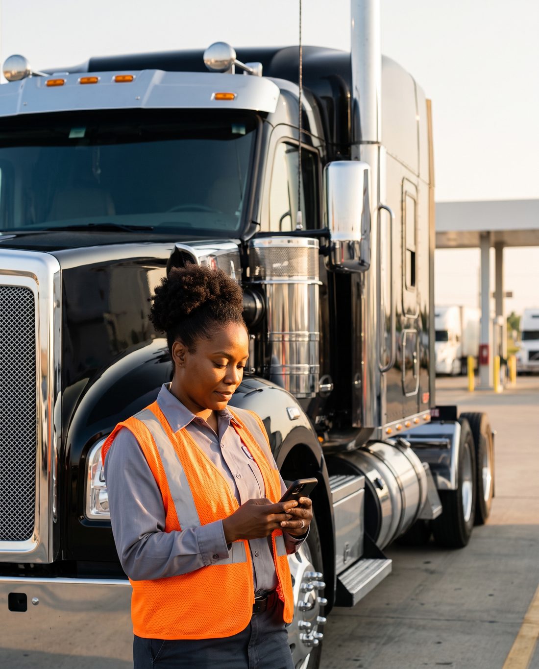 Woman owner-operator with her Kenworth W990 at a Louisiana truck stop — Trucker's NP membership for CDL drivers